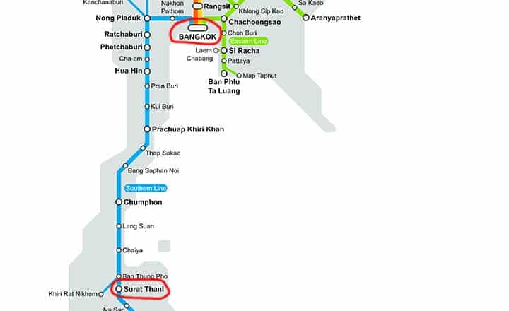 Rail network map displaying the train route from Bangkok to Surat Thani in Thailand.