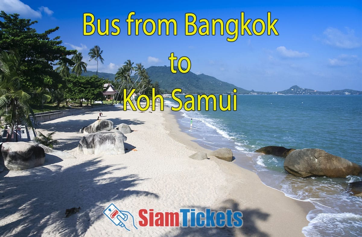 Promotional image for SiamTickets bus service from Bangkok to Koh Samui with a beachfront view