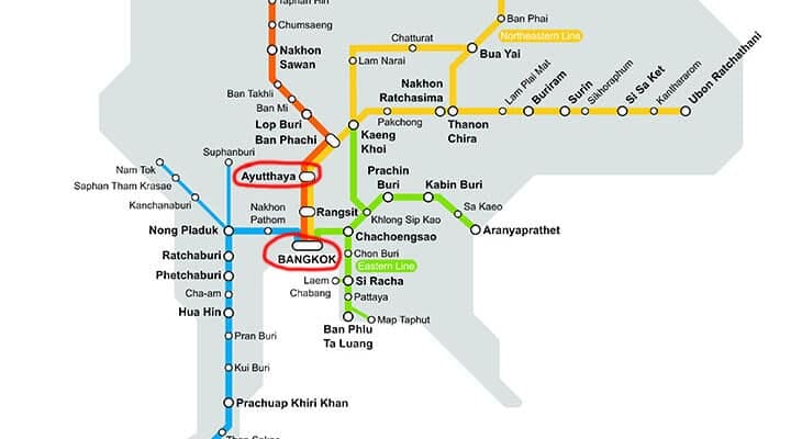 Map of the State Railway of Thailand network, highlighting the route from Bangkok to Ayutthaya.