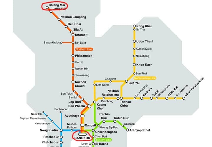 Map of the Thai railway network from Bangkok to Chiang Mai, marked with key stations along the route.