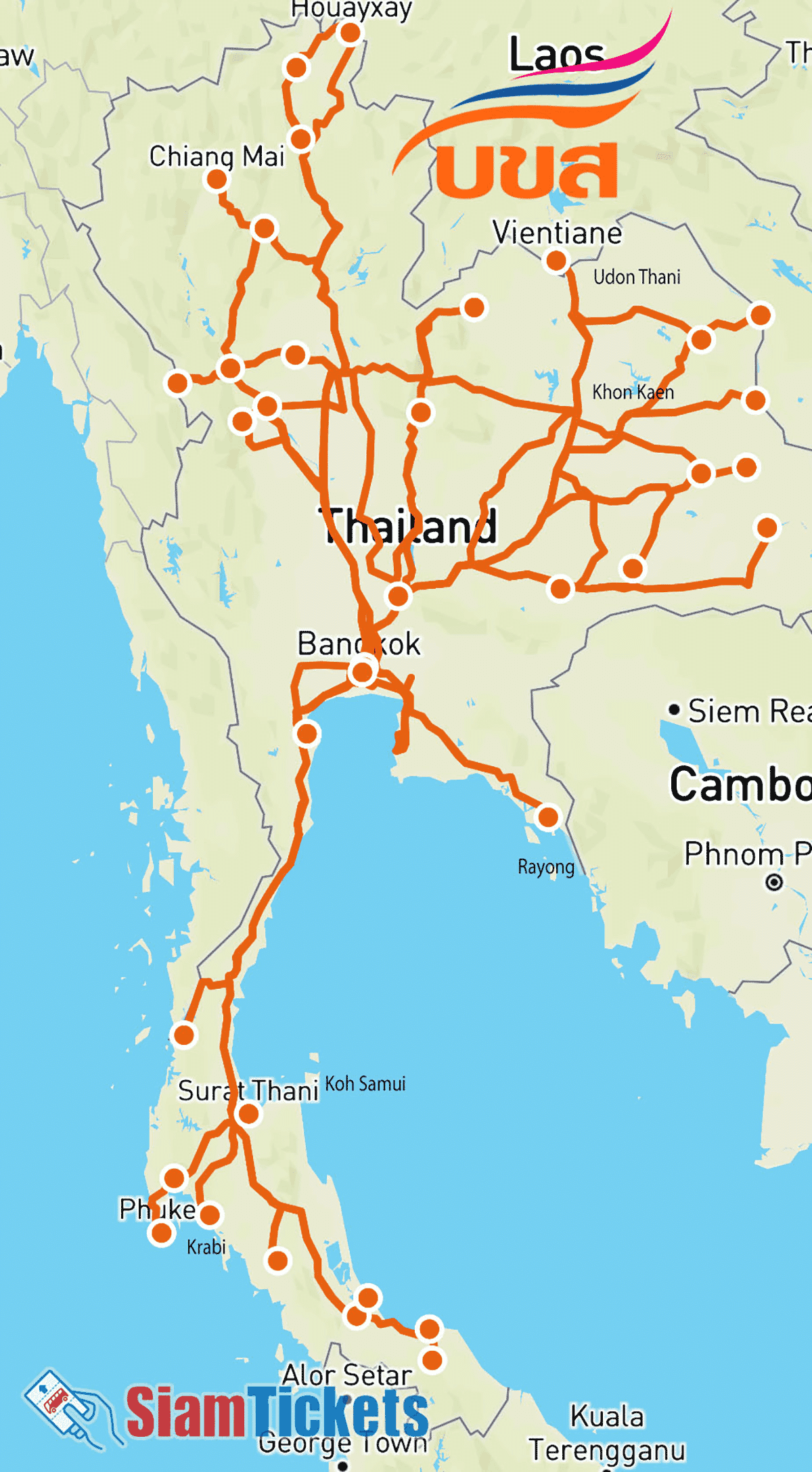 Interactive route map for Transport Co services on SiamTickets.com, showing extensive bus connections throughout Thailand and into neighboring Laos.