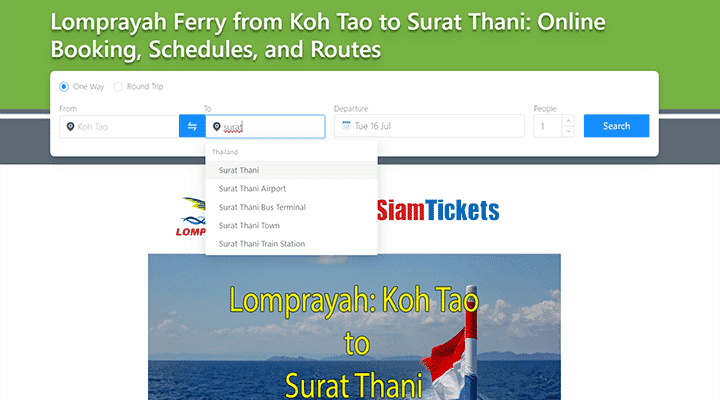 Online booking interface for Lomprayah Ferry from Koh Tao to Surat Thani, showing search options and a background image of the ferry