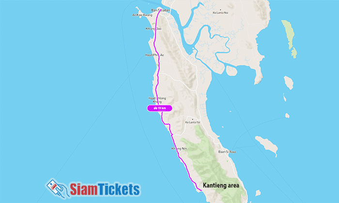 Map showing the travel route on Koh Lanta from Ban Saladan to Kantiang area, covering a 19 km distance, with SiamTickets branding.