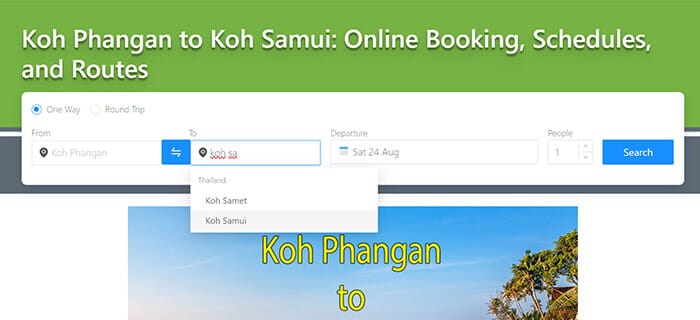 SiamTickets booking interface for Koh Phangan to Koh Samui ferry travel