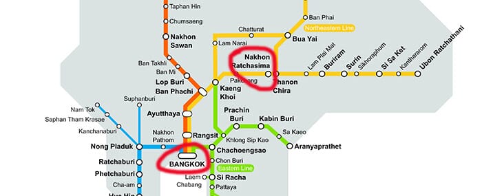 Train route map showing connections between Nakhon Ratchasima and Bangkok, Thailand.