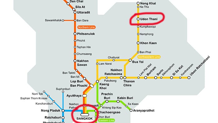 Train route map showing the connection between Udon Thani and Bangkok, Thailand.