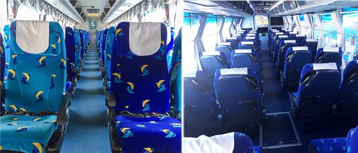 Interior seating of Sombat Tour Star Class bus with spacious, reclining seats.