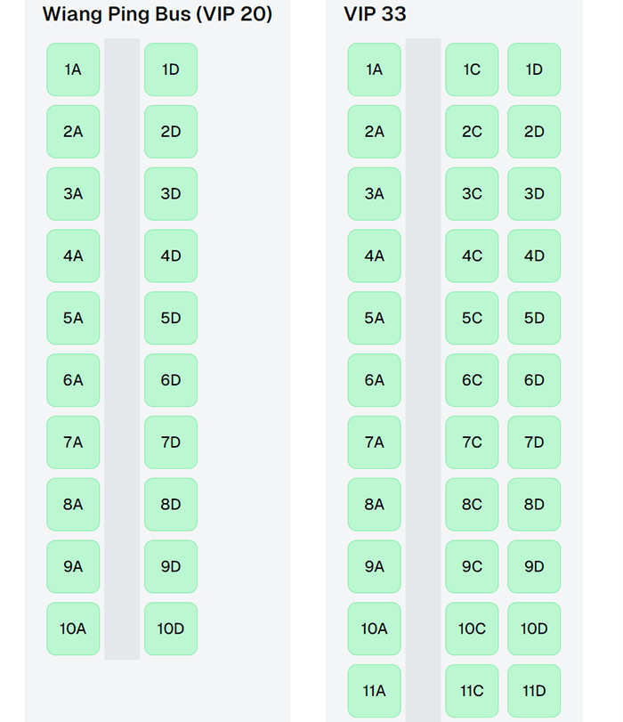 Sombat Tour VIP 20 and VIP 33 Bus Seating Layout - Detailed seating arrangements for Wiang Ping Bus and VIP 33.