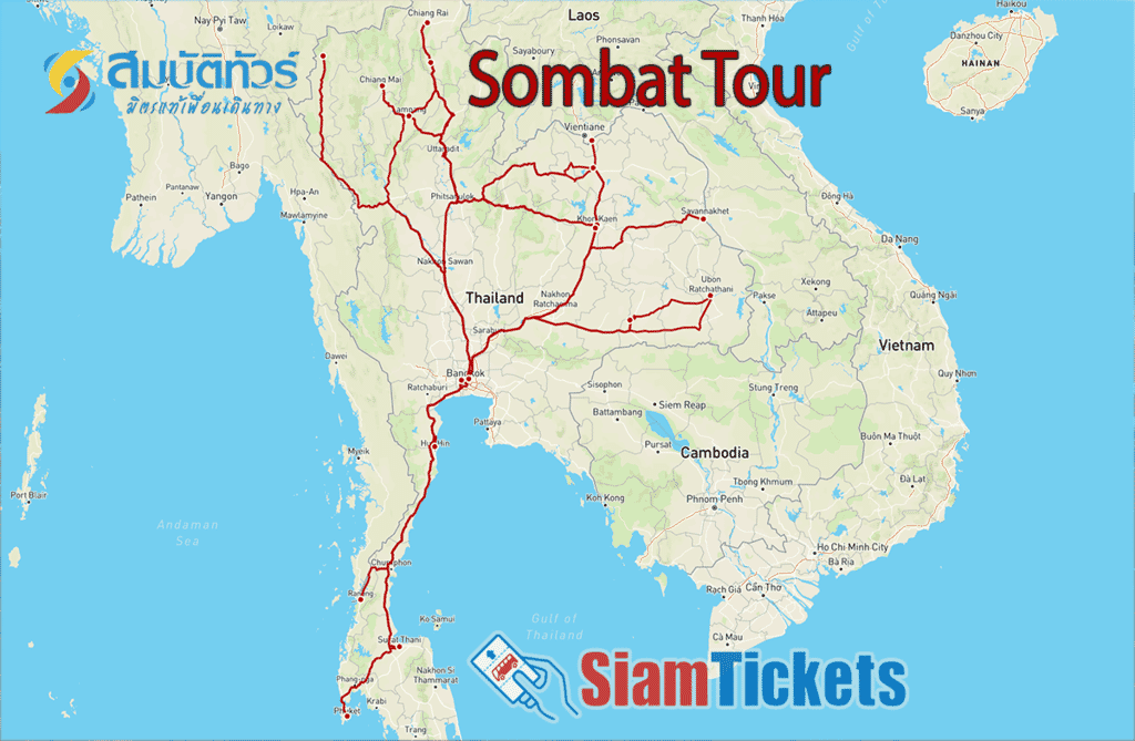 Map of Sombat Tour's bus route network with Sombat Tour’s Thai logo and SiamTickets branding.