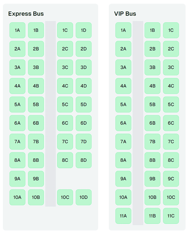 Greenbus seating layout comparison showing Express Bus with 40 seats (4 per row) and VIP Bus with 33 seats (3 per row)