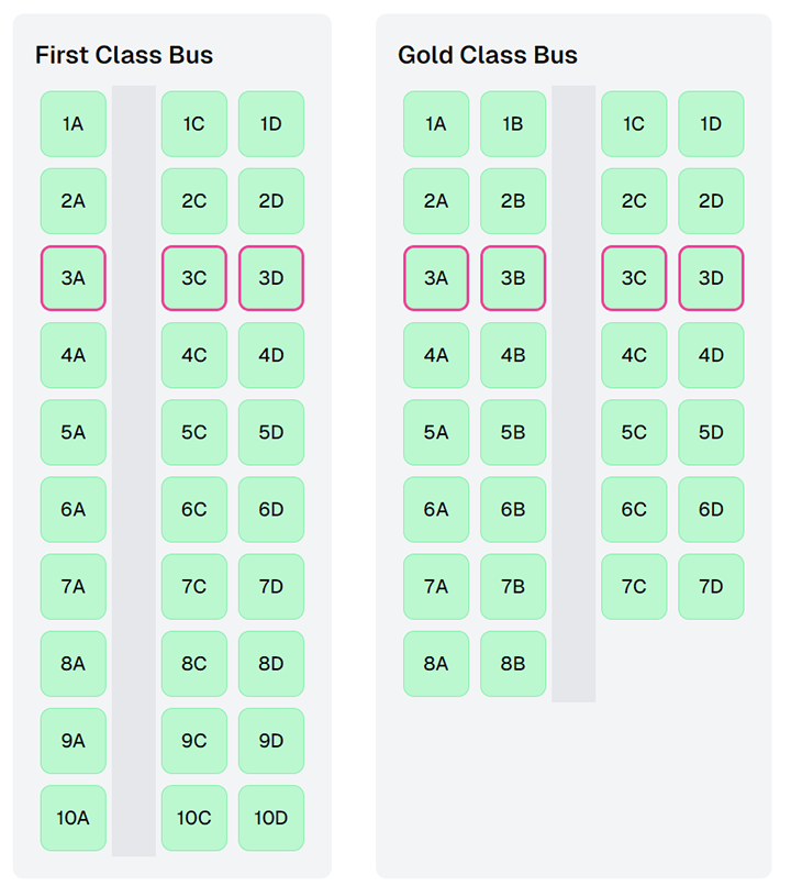 Seating layout comparison of First Class Bus and Gold Class Bus