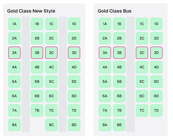 Seating layout comparison of Gold Class New Style and Gold Class buses, showing seat arrangements and ladies-only rows.