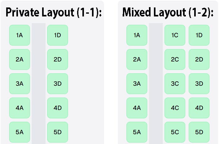 VIP bus seating layouts: Private 1-1 layout with 20 single seats versus Mixed 1-2 layout with 33 seats in total