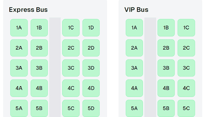 Greenbus seating layout comparison showing Express Bus with 40 seats (4 per row) and VIP Bus with 33 seats (3 per row)